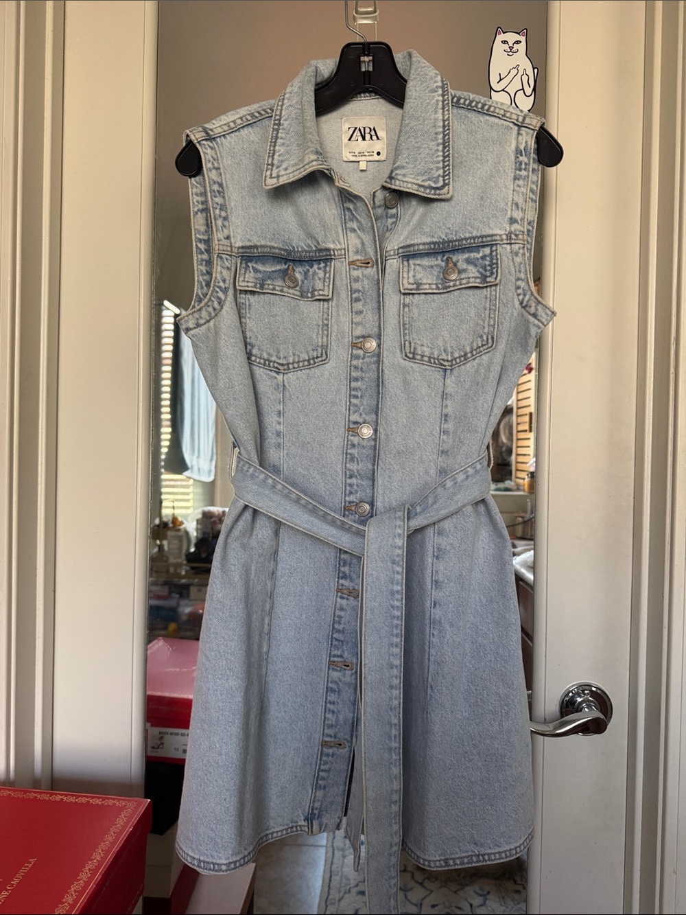 ZARA Light Blue Sleeveless Denim Shirt Dress with Belt M